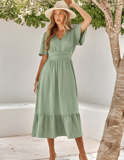 Plain Solid-color Flounce Sleeve Ruffle Long A-Line Dresses