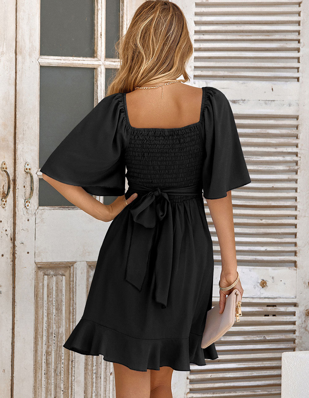 Solid-color V Neck Flared Sleeve Ruffle Hem Short A-Line Dresses