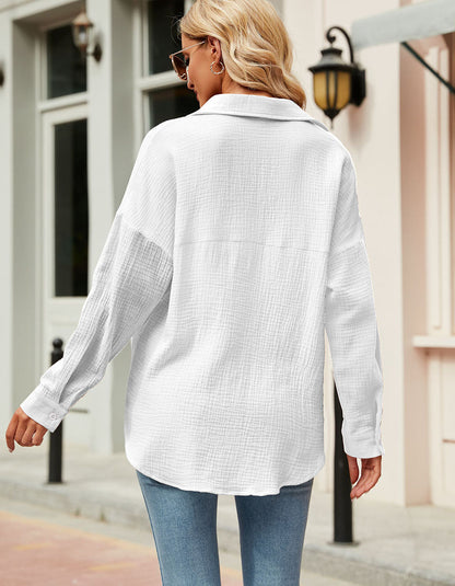 Plain Solid-color Jacquard V-Neck Ruffle Long Sleeve Shirt