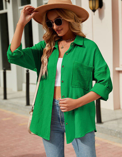 Plain Solid-color Jacquard V-Neck Ruffle Long Sleeve Shirt