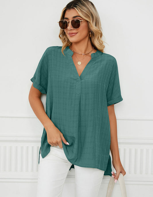 Solid-color Short Sleeve V Neck Loose Shirt