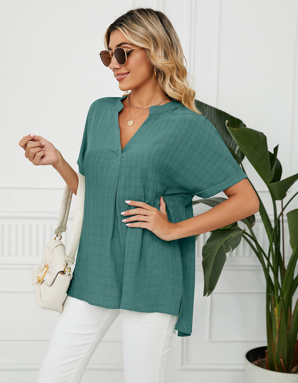 Solid-color Short Sleeve V Neck Loose Shirt