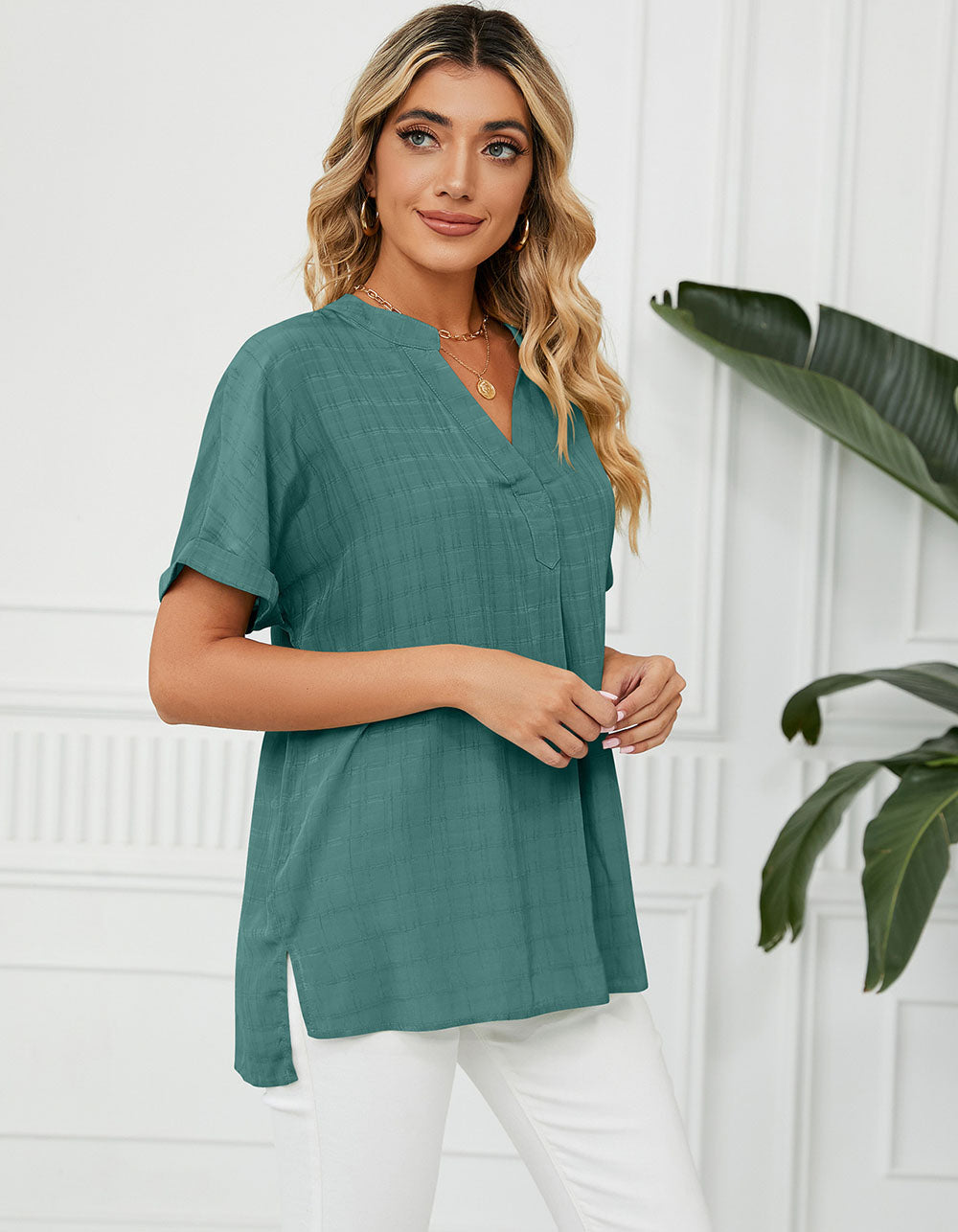 Solid-color Short Sleeve V Neck Loose Shirt