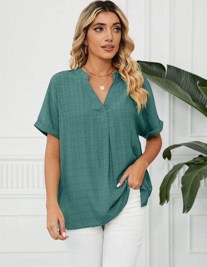 Solid-color Short Sleeve V Neck Loose Shirt