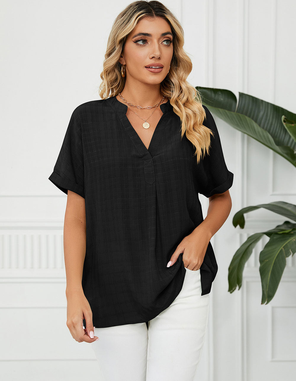 Solid-color Short Sleeve V Neck Loose Shirt