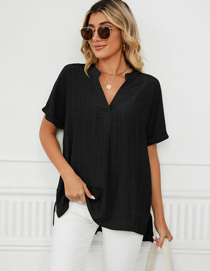 Solid-color Short Sleeve V Neck Loose Shirt