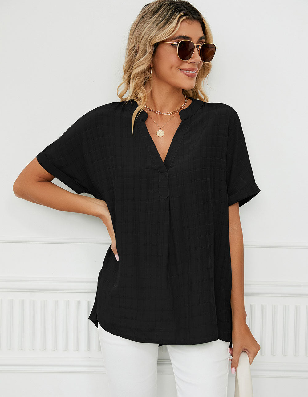 Solid-color Short Sleeve V Neck Loose Shirt