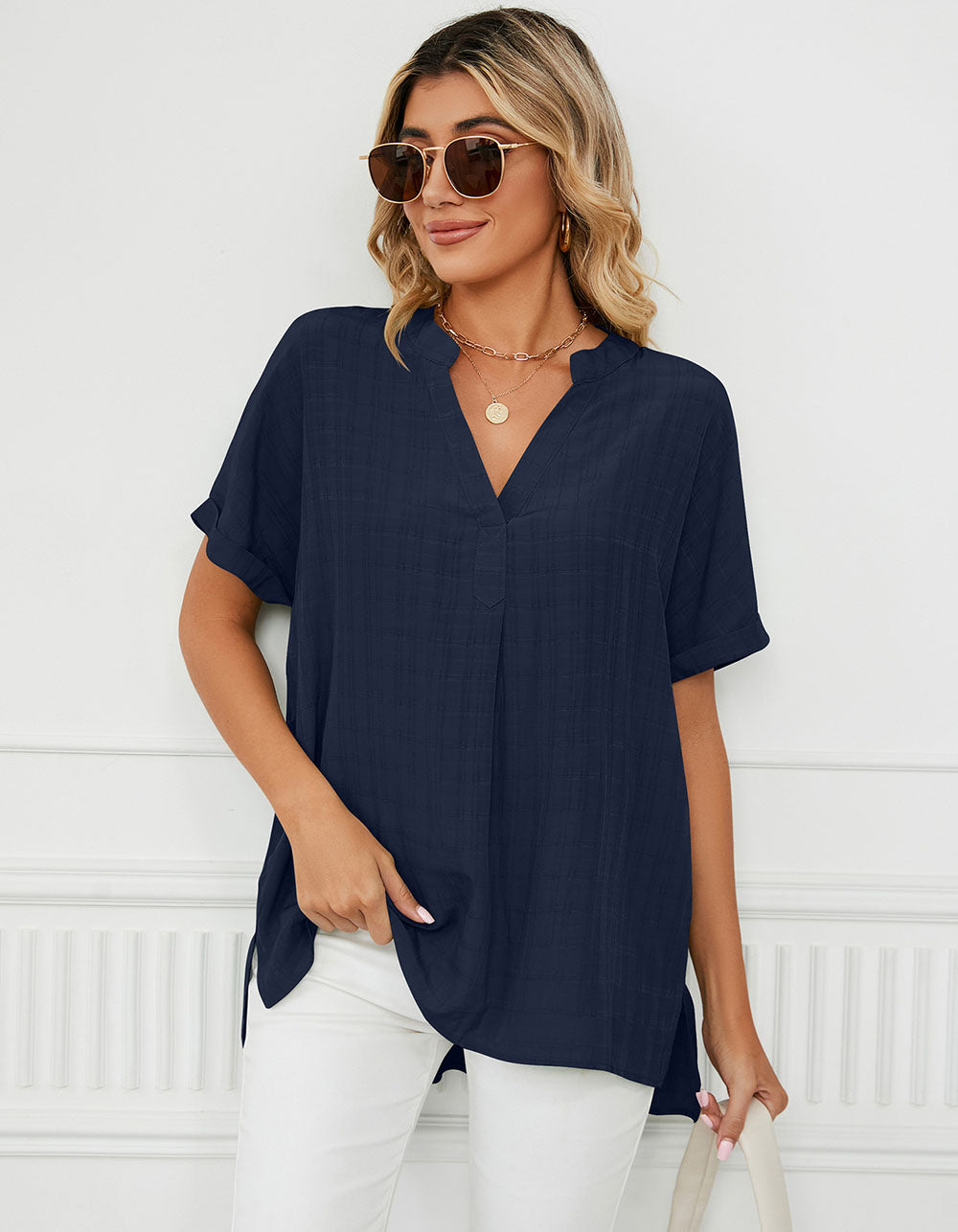 Solid-color Short Sleeve V Neck Loose Shirt