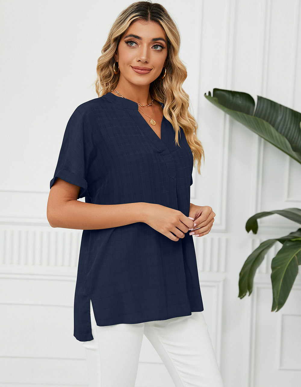 Solid-color Short Sleeve V Neck Loose Shirt