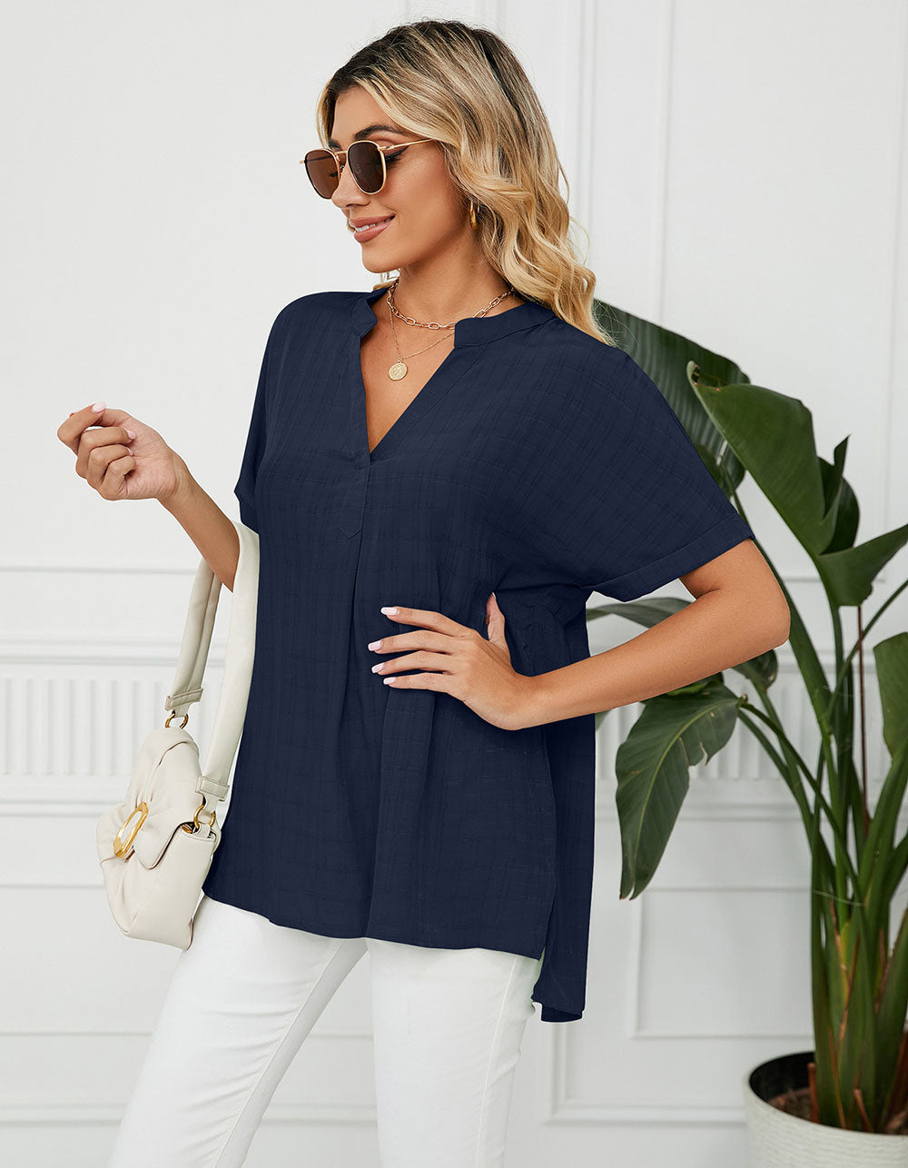 Solid-color Short Sleeve V Neck Loose Shirt