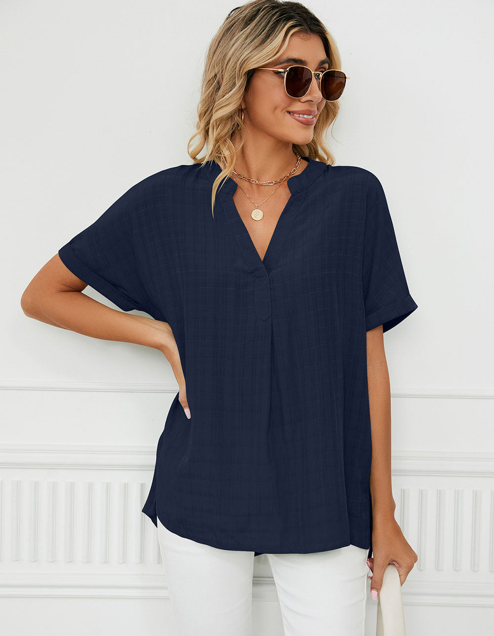 Solid-color Short Sleeve V Neck Loose Shirt