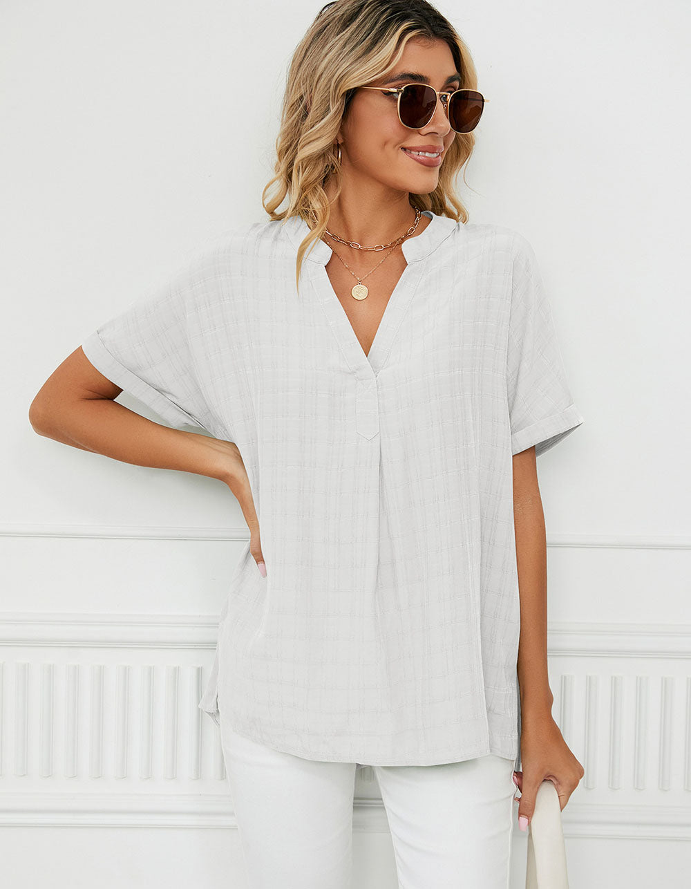 Solid-color Short Sleeve V Neck Loose Shirt