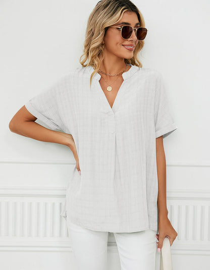 Solid-color Short Sleeve V Neck Loose Shirt