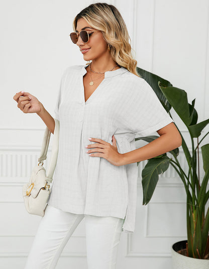 Solid-color Short Sleeve V Neck Loose Shirt