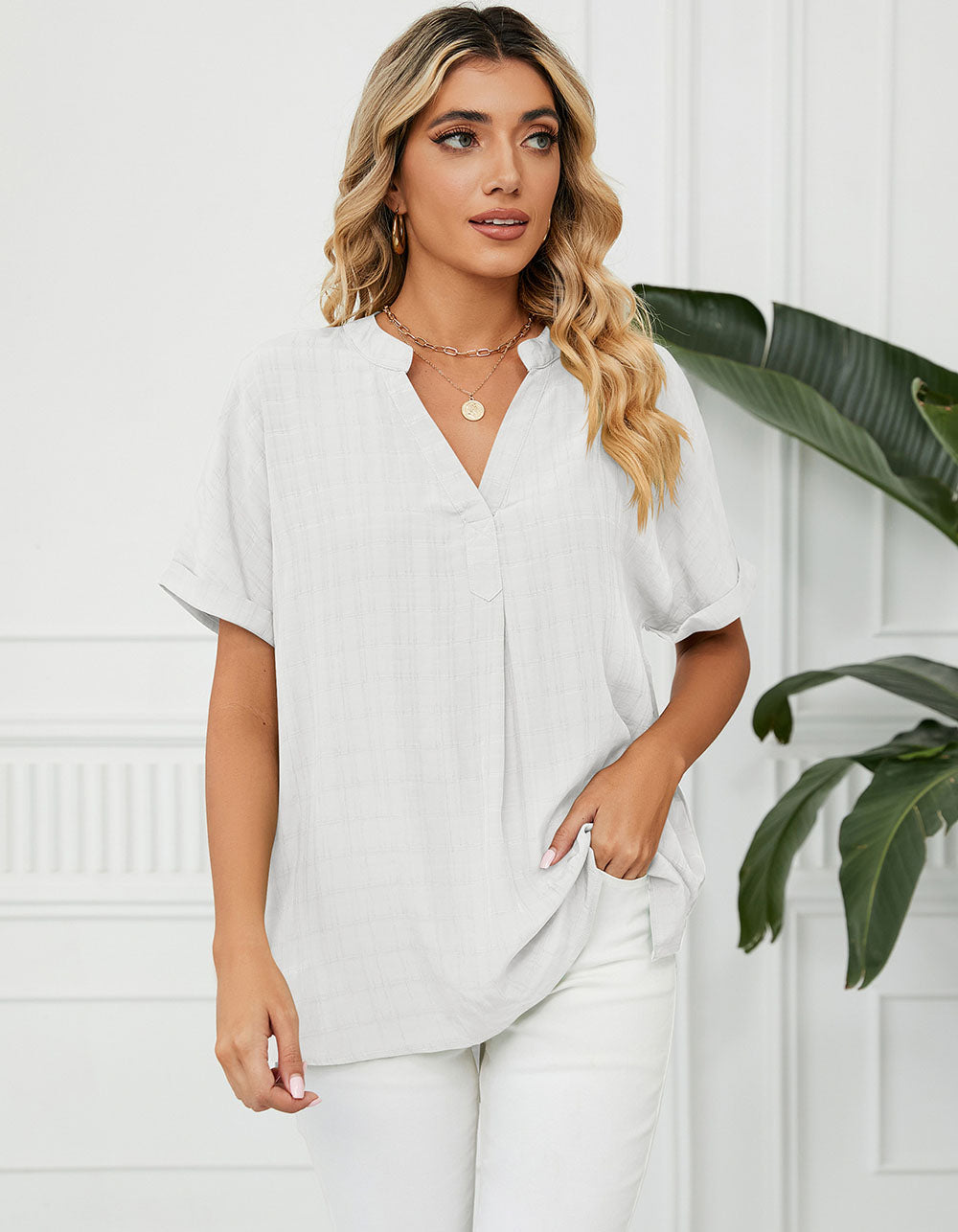 Solid-color Short Sleeve V Neck Loose Shirt