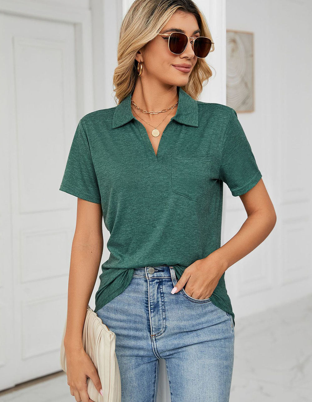 Solid-color Short Sleeve Lapel Pocket Loose T-Shirt