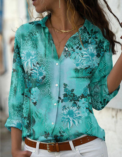 Plus Size Floral Printed Lapel Button Front Stand-up Collar Loose Long Sleeve Shirt