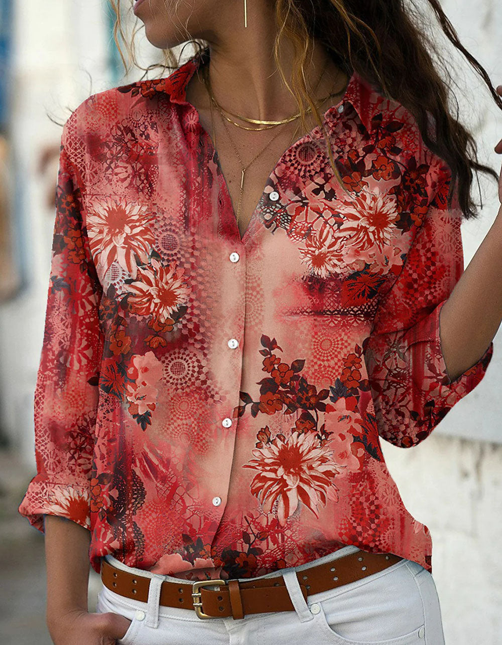 Plus Size Floral Printed Lapel Button Front Stand-up Collar Loose Long Sleeve Shirt