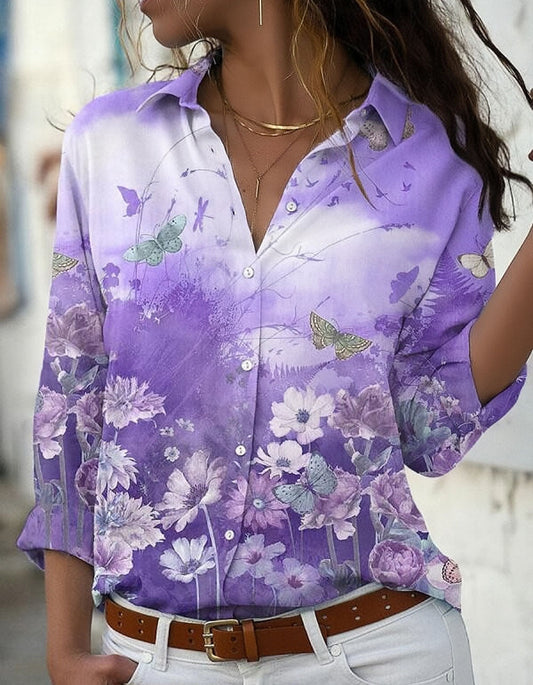 Floral Print Loose Button Front Long Sleeve Lapel Shirt