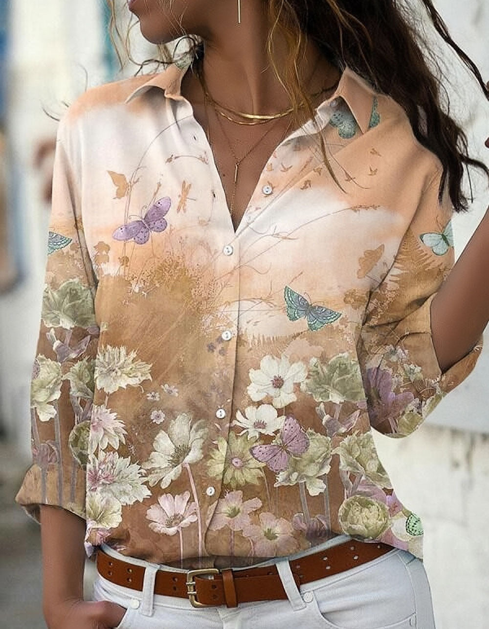 Floral Print Loose Button Front Long Sleeve Lapel Shirt