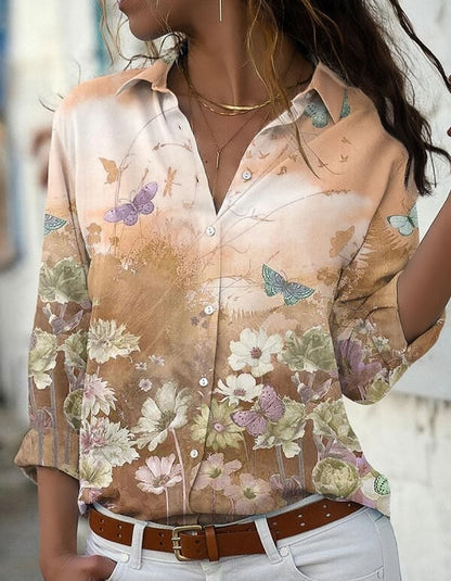 Floral Print Loose Button Front Long Sleeve Lapel Shirt