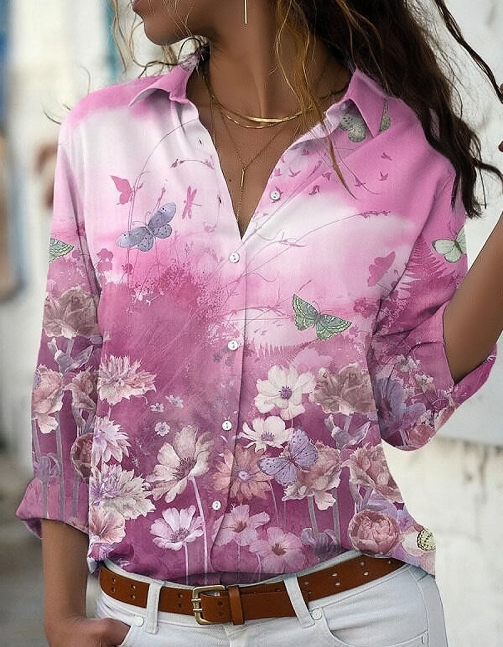 Floral Print Loose Button Front Long Sleeve Lapel Shirt