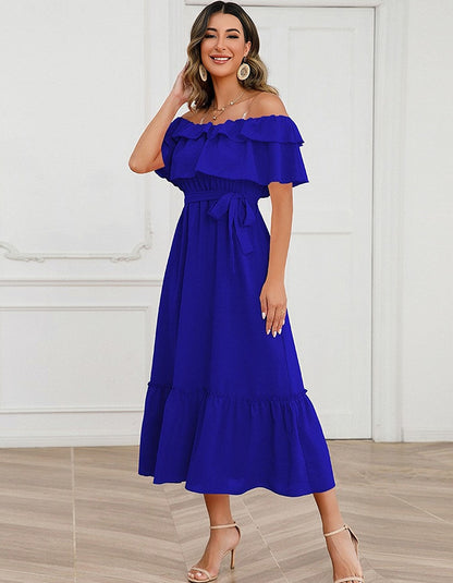 Solid-color Strap Backless Ruffle Short Sleeve Mid-Waist Midi A-Line Dresses