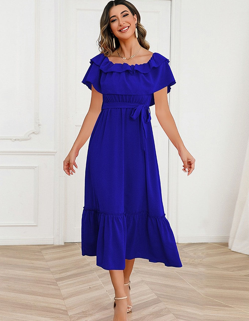 Solid-color Strap Backless Ruffle Short Sleeve Mid-Waist Midi A-Line Dresses