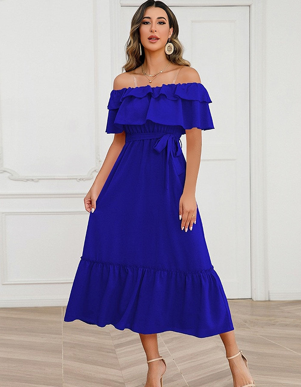 Solid-color Strap Backless Ruffle Short Sleeve Mid-Waist Midi A-Line Dresses