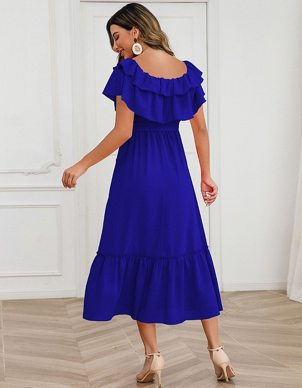 Solid-color Strap Backless Ruffle Short Sleeve Mid-Waist Midi A-Line Dresses