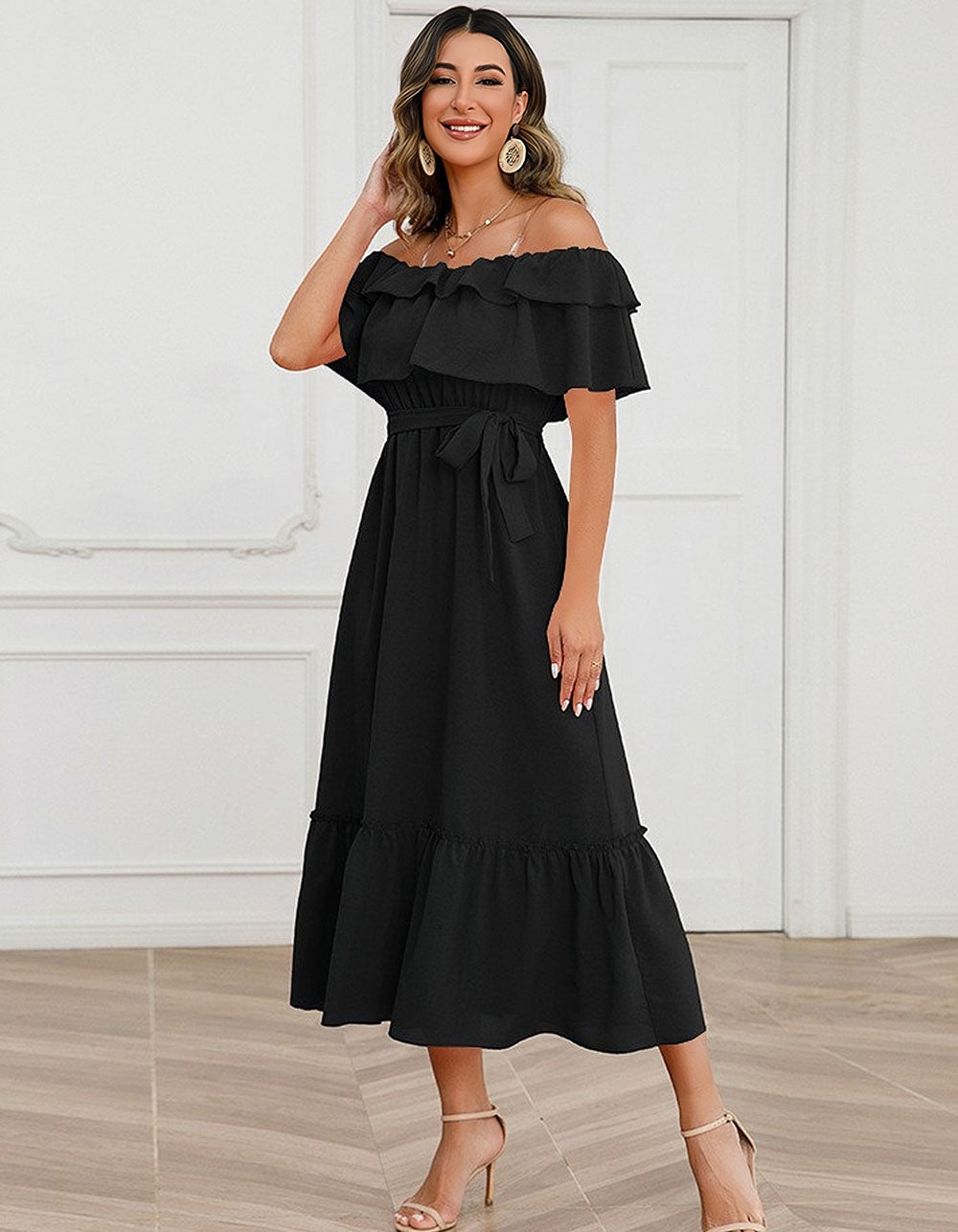 Solid-color Strap Backless Ruffle Short Sleeve Mid-Waist Midi A-Line Dresses