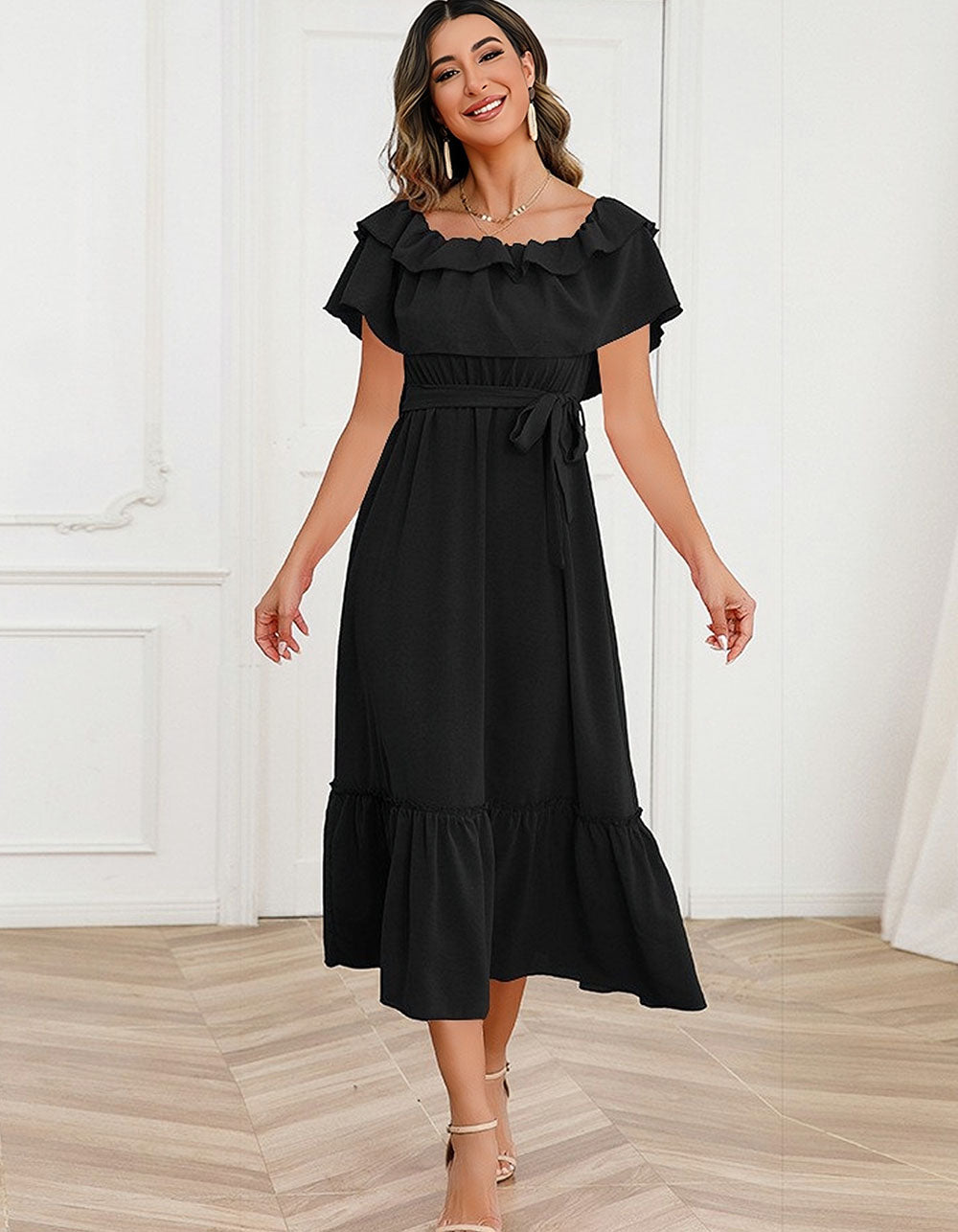 Solid-color Strap Backless Ruffle Short Sleeve Mid-Waist Midi A-Line Dresses