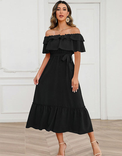 Solid-color Strap Backless Ruffle Short Sleeve Mid-Waist Midi A-Line Dresses