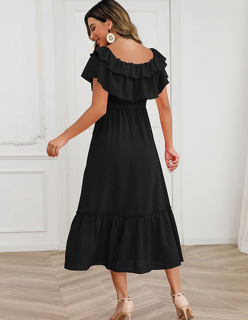 Solid-color Strap Backless Ruffle Short Sleeve Mid-Waist Midi A-Line Dresses