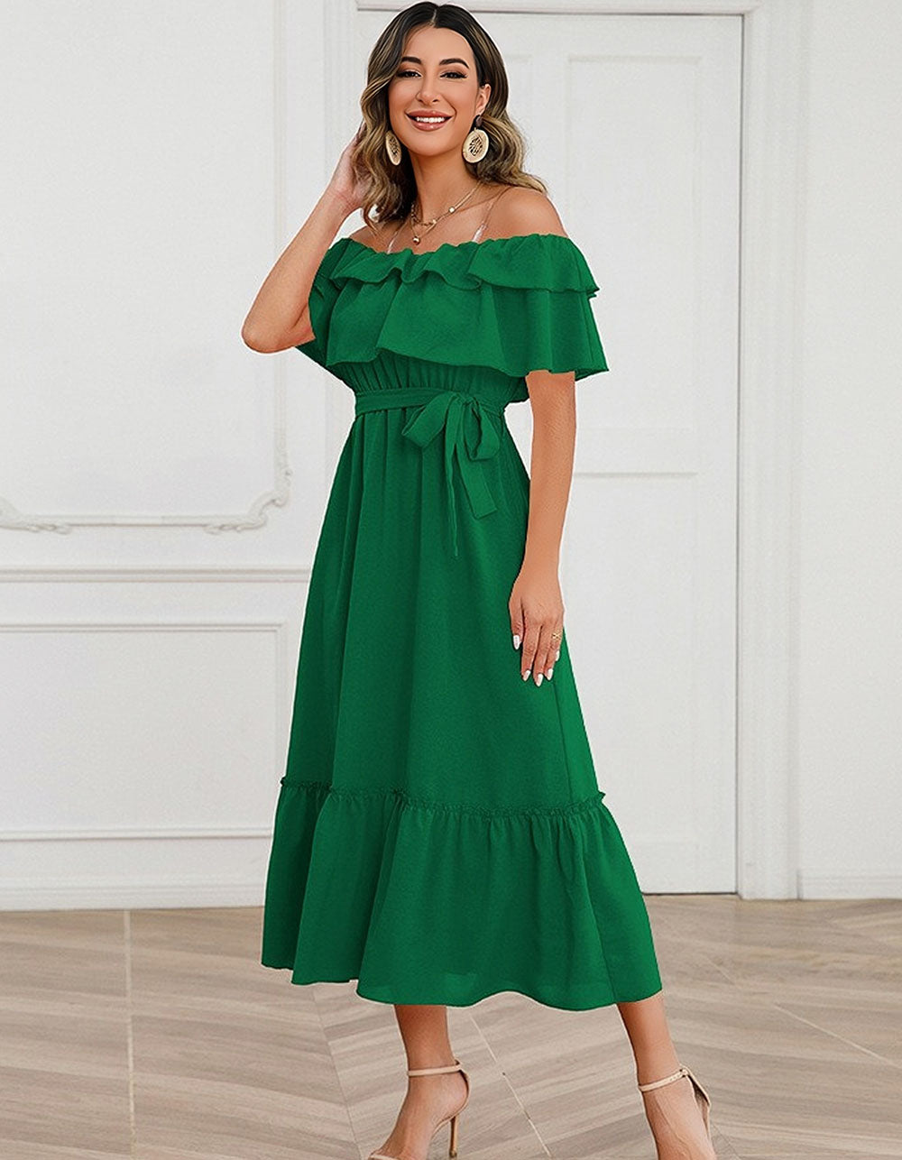 Solid-color Strap Backless Ruffle Short Sleeve Mid-Waist Midi A-Line Dresses