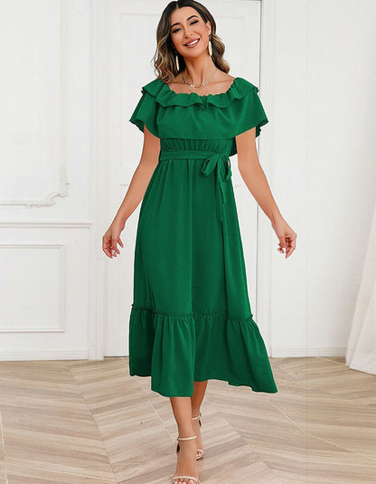 Solid-color Strap Backless Ruffle Short Sleeve Mid-Waist Midi A-Line Dresses