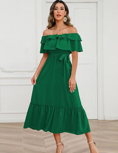 Solid-color Strap Backless Ruffle Short Sleeve Mid-Waist Midi A-Line Dresses