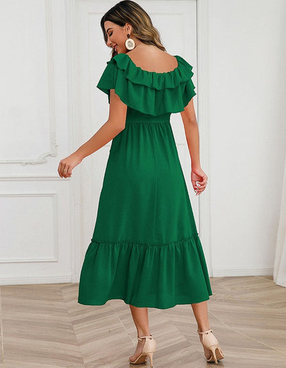 Solid-color Strap Backless Ruffle Short Sleeve Mid-Waist Midi A-Line Dresses