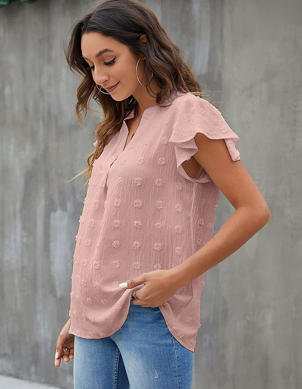 Solid-color V Neck Short Sleeve Ruffle Loose Shirt