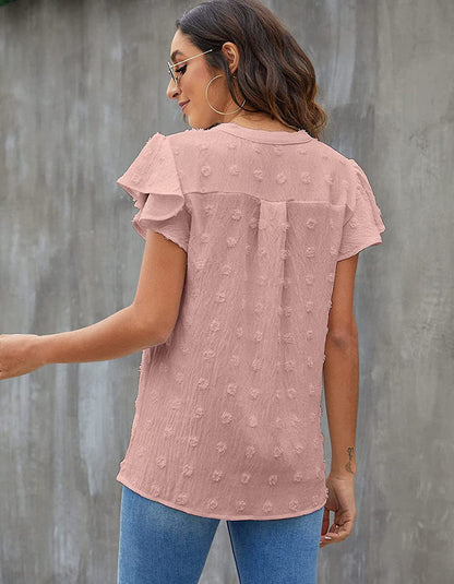 Solid-color V Neck Short Sleeve Ruffle Loose Shirt