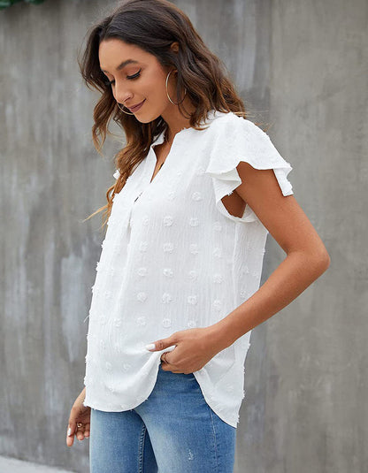 Solid-color V Neck Short Sleeve Ruffle Loose Shirt