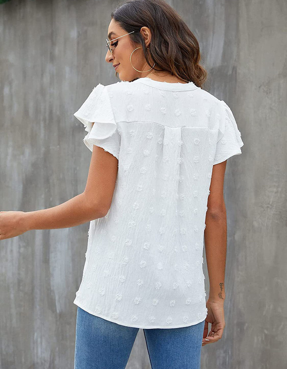 Solid-color V Neck Short Sleeve Ruffle Loose Shirt