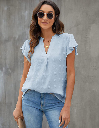 Solid-color V Neck Short Sleeve Ruffle Loose Shirt