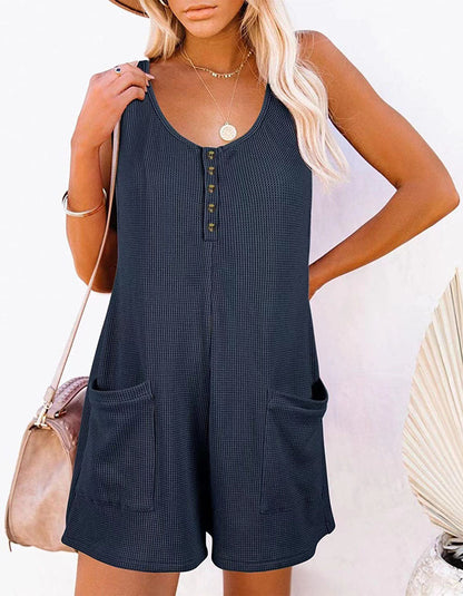 Solid-color U Neck Sleeveless Button Pocket Short Jumpsuit