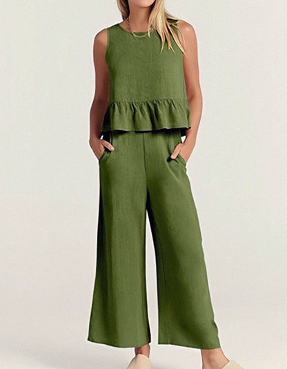 Solid-color Round Neck Sleeveless Vest Wide Leg Set