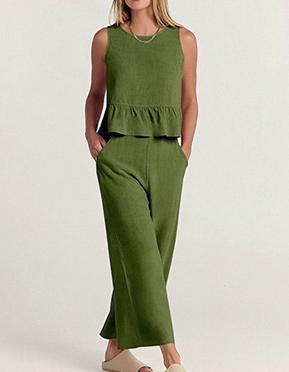 Solid-color Round Neck Sleeveless Vest Wide Leg Set