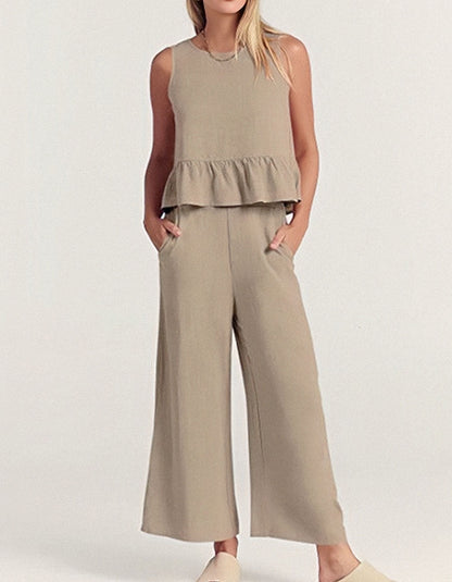 Solid-color Round Neck Sleeveless Vest Wide Leg Set