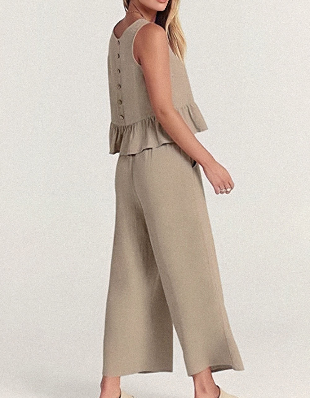 Solid-color Round Neck Sleeveless Vest Wide Leg Set