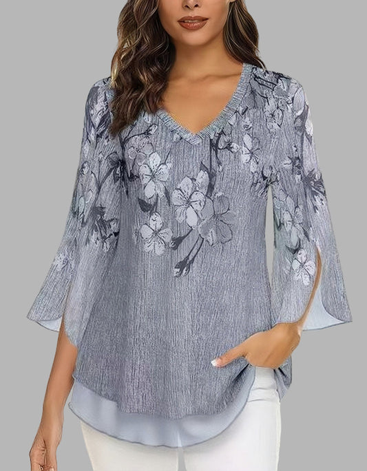 Floral Printed V Neck Mesh 3/4 Sleeve Asymmetrical Shirt