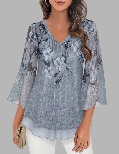 Floral Printed V Neck Mesh 3/4 Sleeve Asymmetrical Shirt